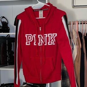 VICTORIAS SECRET PINK FULL ZIP FAUX FUR LINED HOODIE || RED❤️ (LIMITED EDITION)
